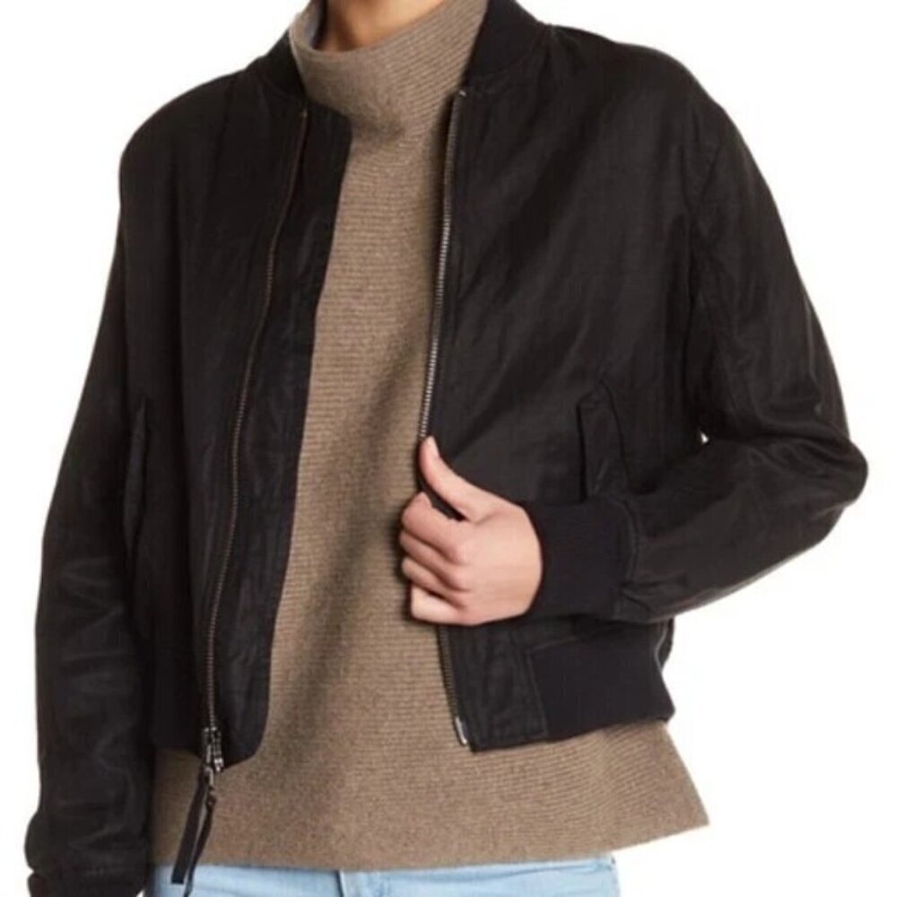VINCE Linen Wool Blend Crop Bomber Jacket Pockets Classic Black size Large - Picture 2 of 11